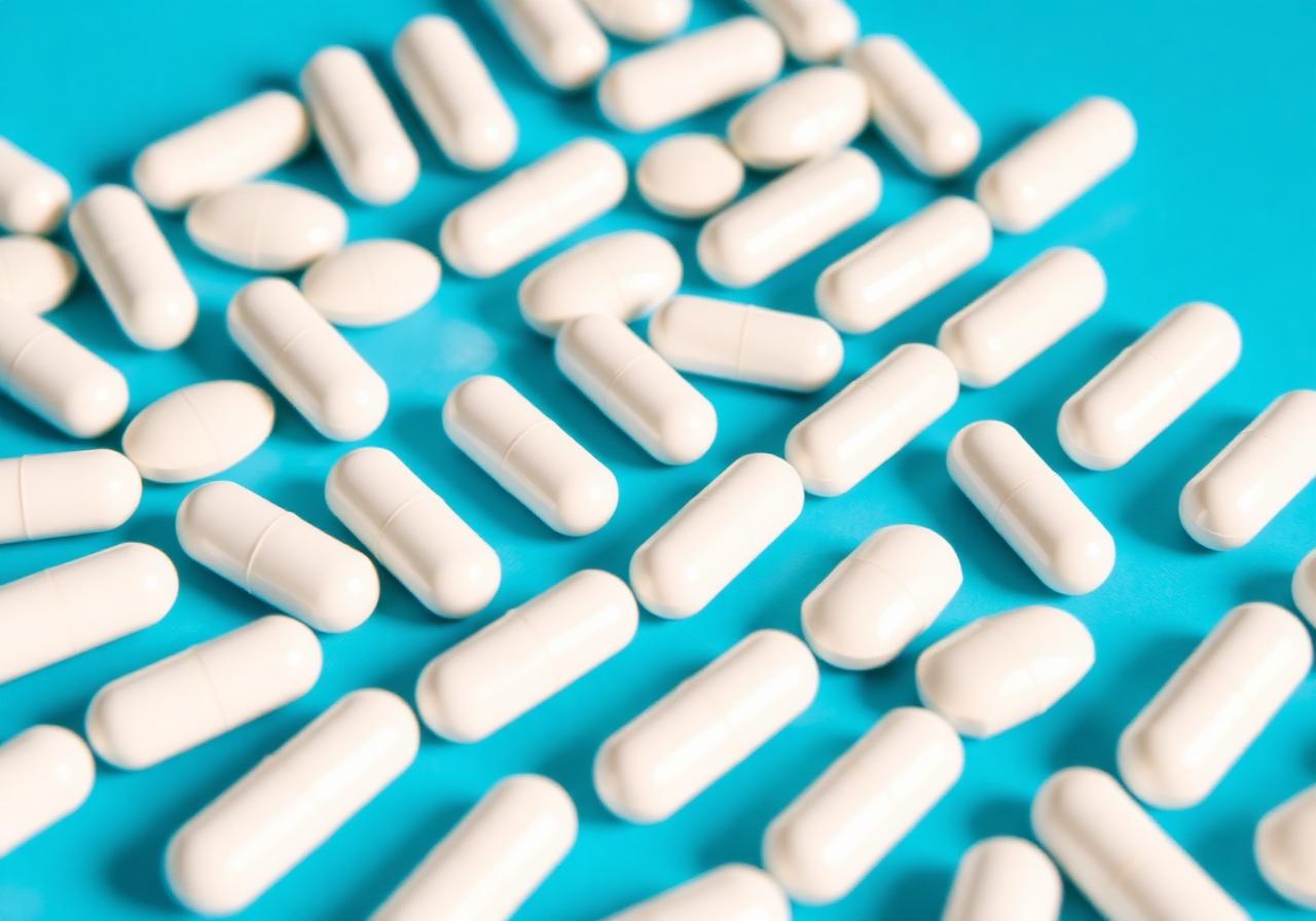 Rows of white capsules on blue background